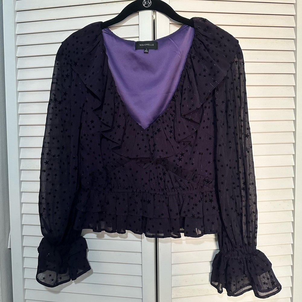 MAJORELLE Purple Top V-Neck Top with Flounce Detail